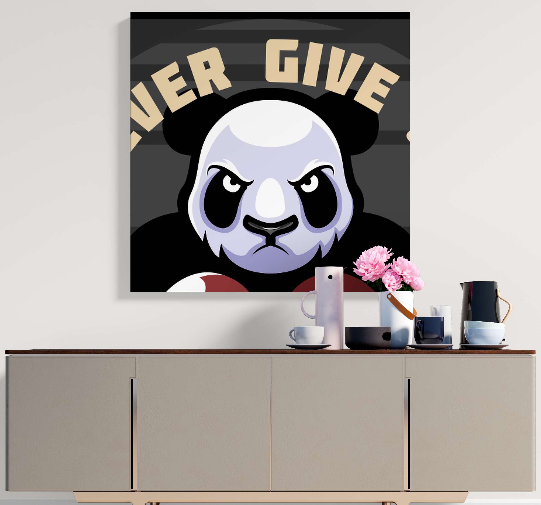 Quadro de animais Panda boxe TenStickers. Quadro de animais Panda boxe. Impressões em canvas do animal do panda de boxe. Fundo cinza com desenho animado panda zangado com luvas de boxe. Decorar. Obtenha remessa imediata!