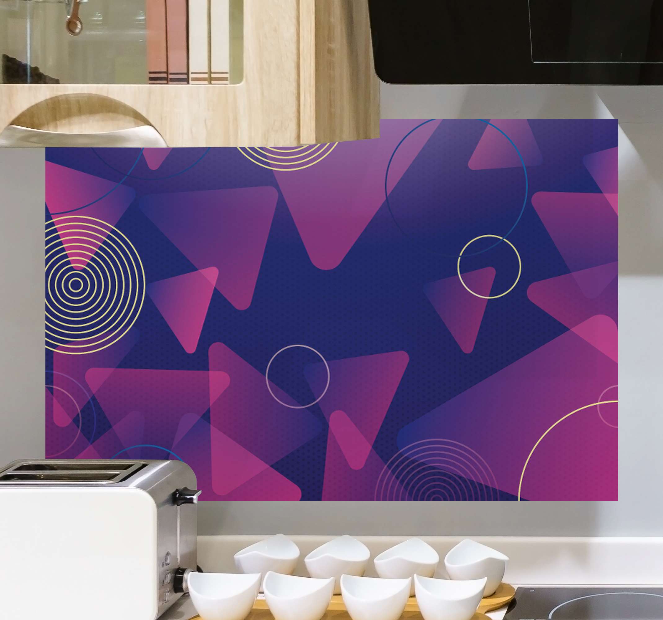 Quadro Decorativo de arte Gradientes geométricos modernos TenStickers. Quadro Decorativo de arte Gradientes geométricos modernos. Impressões de arte em tela de gradientes geométricos modernos. Fundo roxo com triângulos rosa em um padrão e círculos brancos. Envio imediato!