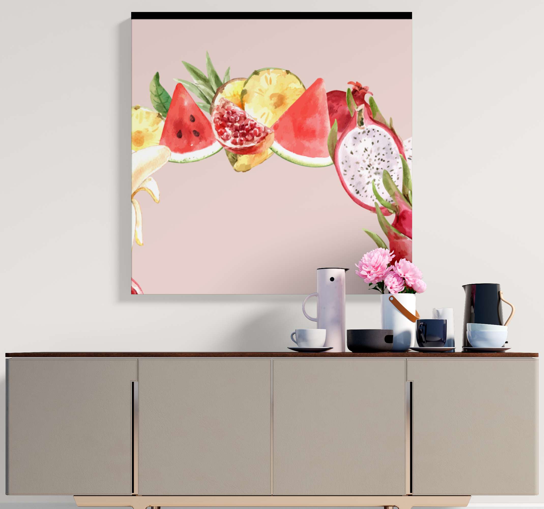 Quadro Decorativo de vinícola Pintura a óleo multi TenStickers. Quadro Decorativo de vinícola Pintura a óleo multi. Pintura a óleo tela multi frutas. Fundo rosa com frutas em estilo pintado. Coroa decorativa. Obtenha com envio imediato!