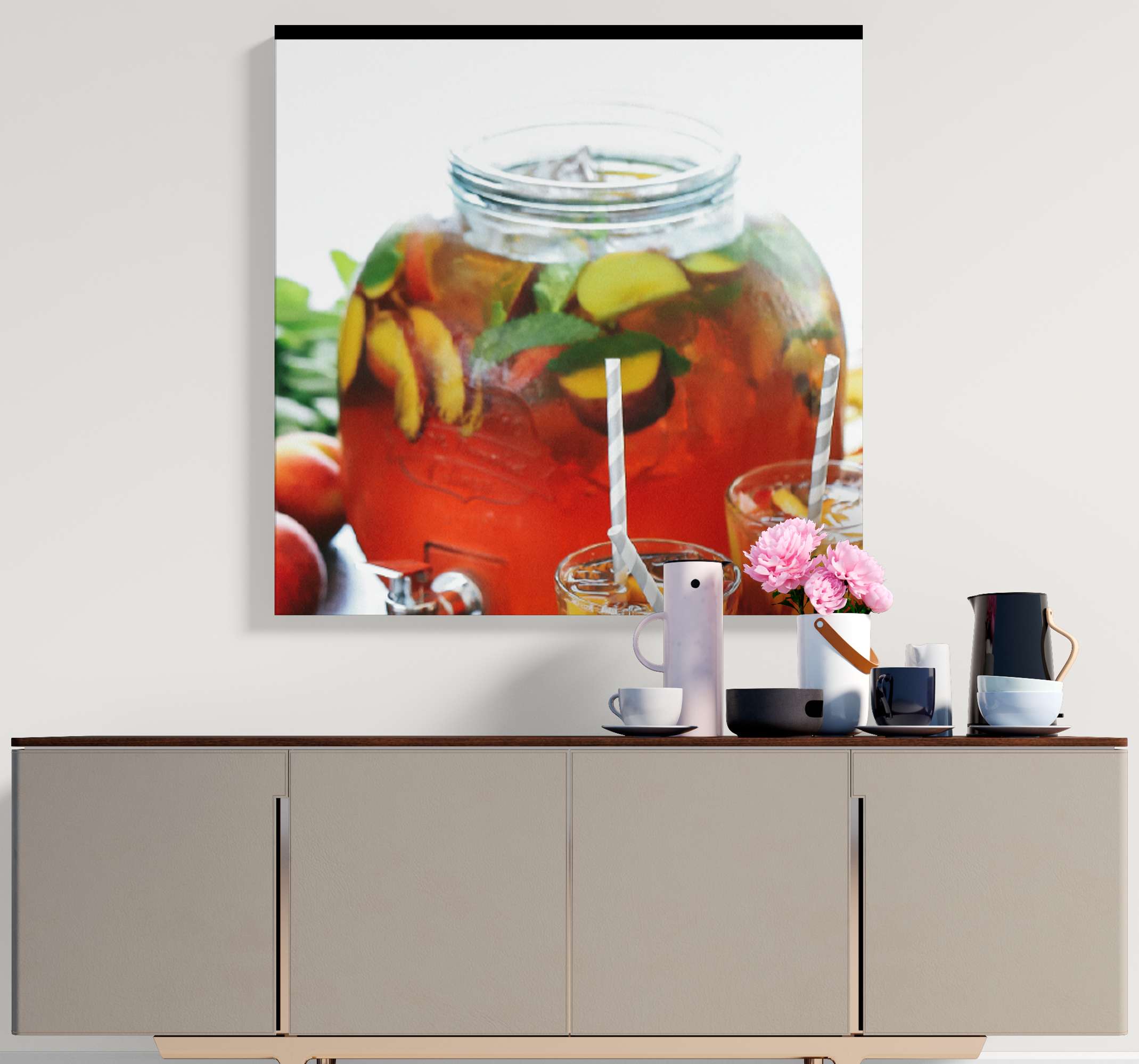 Quadro Decorativo de vinícola Pêssegos e copos de vidro TenStickers. Quadro Decorativo de vinícola Pêssegos e copos de vidro. Pêssegos e copos de vidro, lonas de frutas. Chá de pêssegos com copos e chá. Decore suas paredes. Obtenha com envio imediato!
