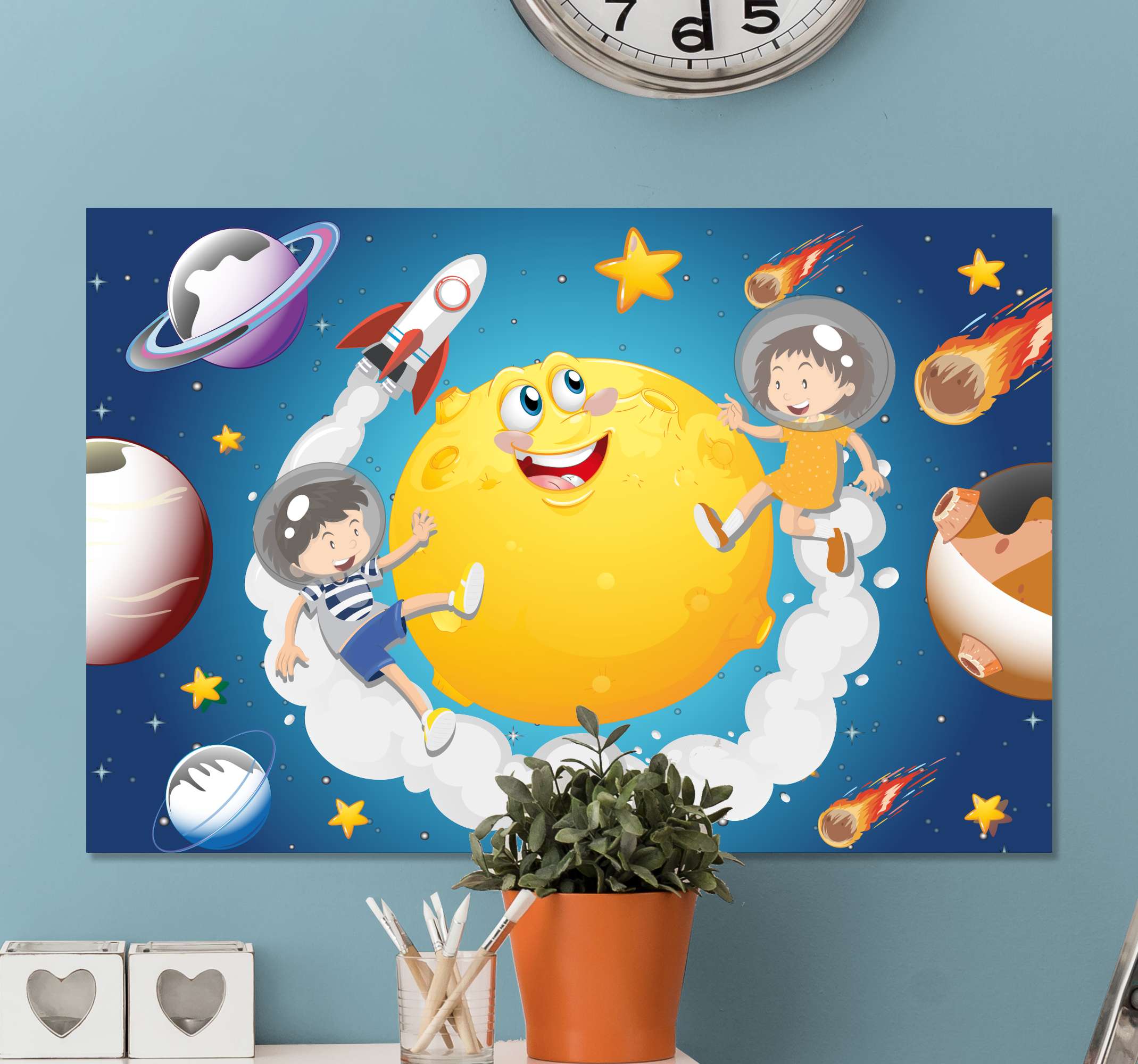 Tableau pour enfant Dessin animé enfants jouant dans l'espace - TenStickers