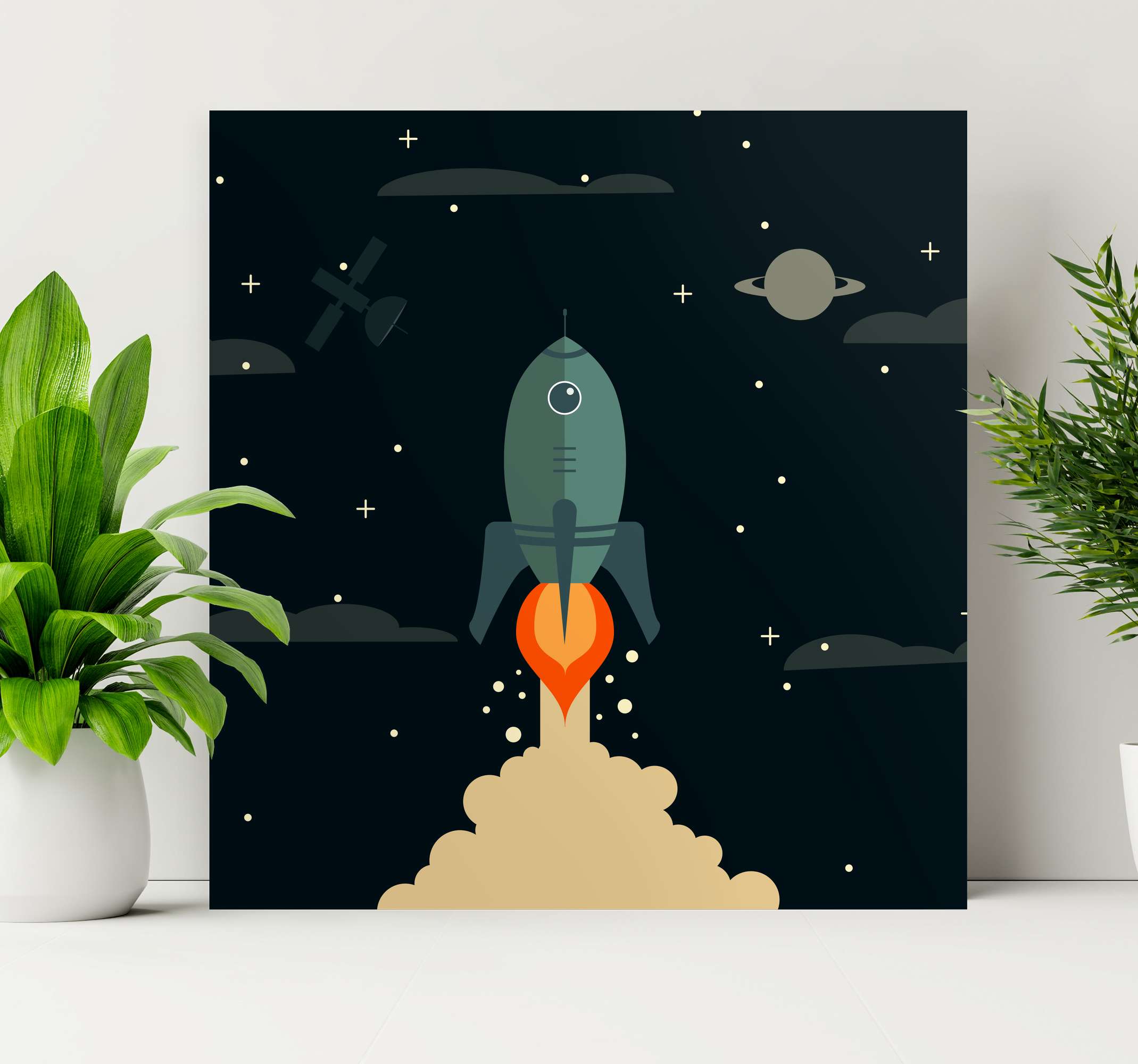 Tableau pour enfant Dessin animé lançant une fusée dans l'espace -  TenStickers