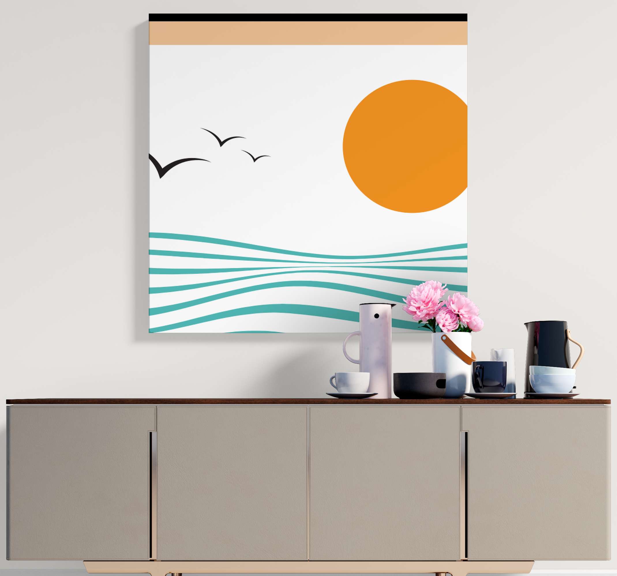 Quadro geométrico Arte abstrata do mar TenStickers. Quadro geométrico Arte abstrata do mar. Esta incrível tela geométrica abstrata do mar apresenta um fundo branco com um sol amarelo, ondas azul-petróleo e três pássaros pretos voando. Entrega ao domicílio!
