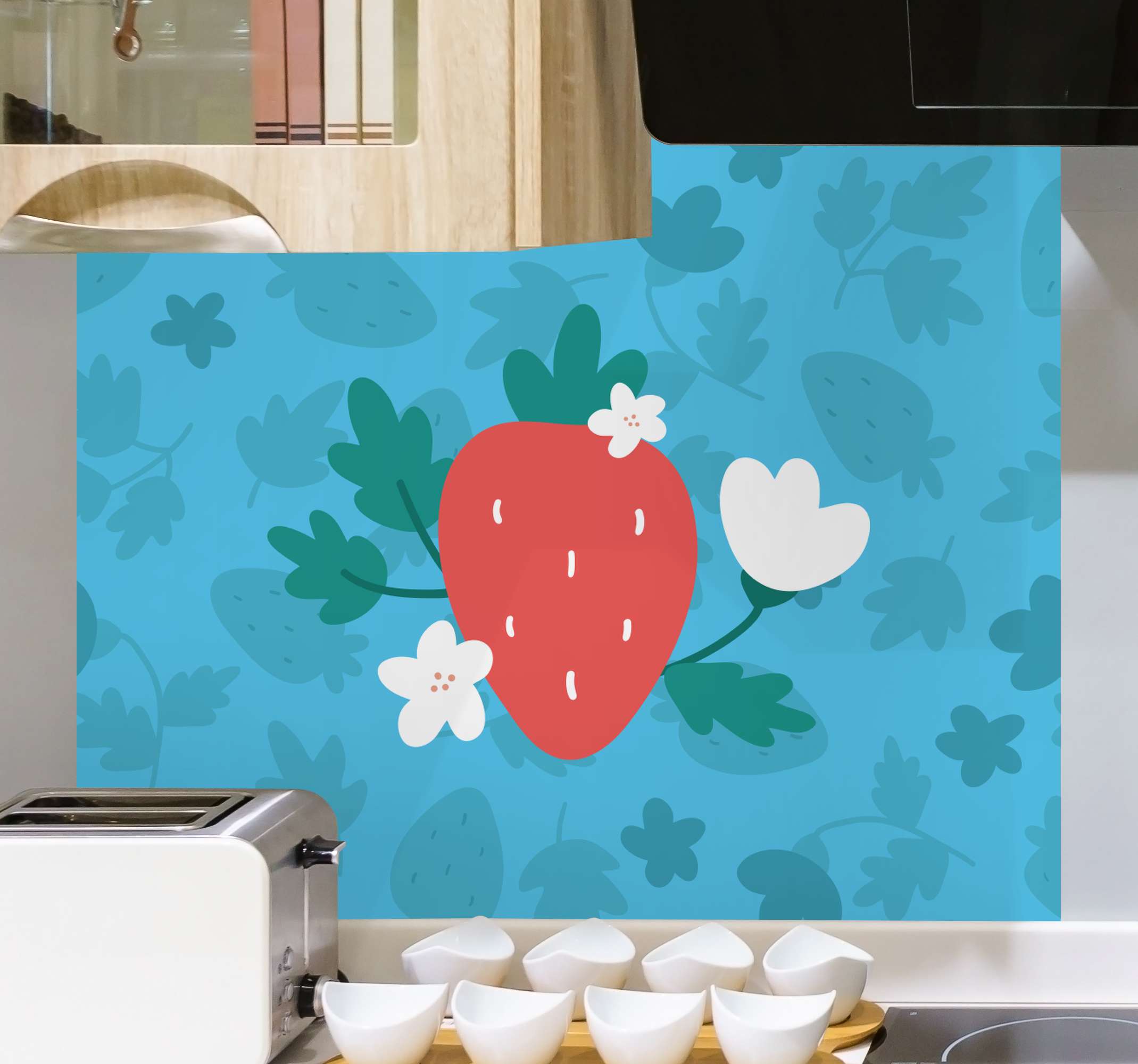 Quadro Decorativo de vinícola Padrão de flor e TenStickers. Quadro Decorativo de vinícola Padrão de flor e. Padrão de flor e tela de frutas. Fundo azul com folhas padrão e margaridas. Flor vermelha dos desenhos animados. Obtenha com frete imediato!