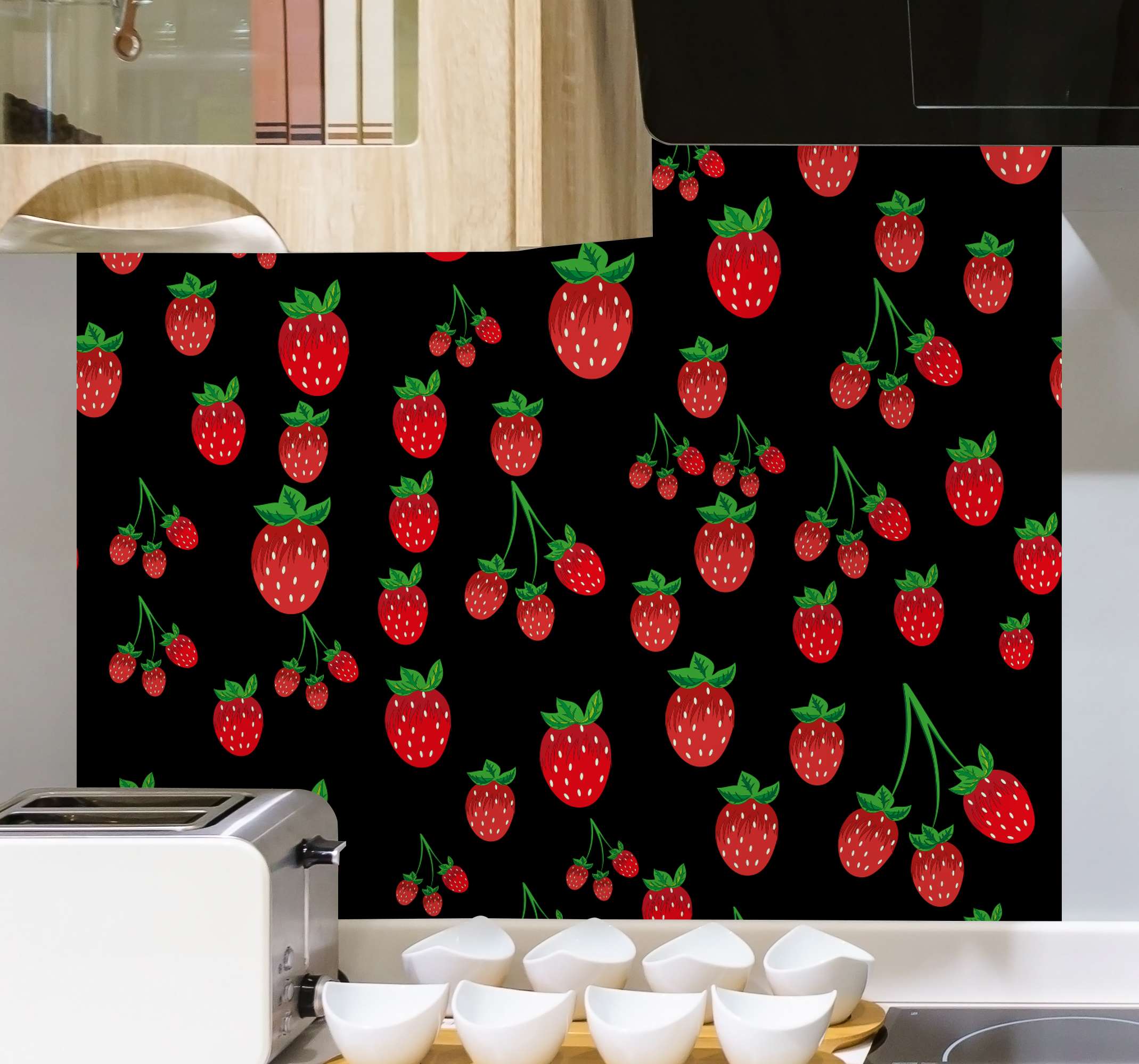 Quadro Decorativo de vinícola Preto com morangos TenStickers. Quadro Decorativo de vinícola Preto com morangos. Preto com tela de frutas de morangos. Fundo preto. Forma de painel única e padrão de morango detalhado. Obtenha remessa imediata!