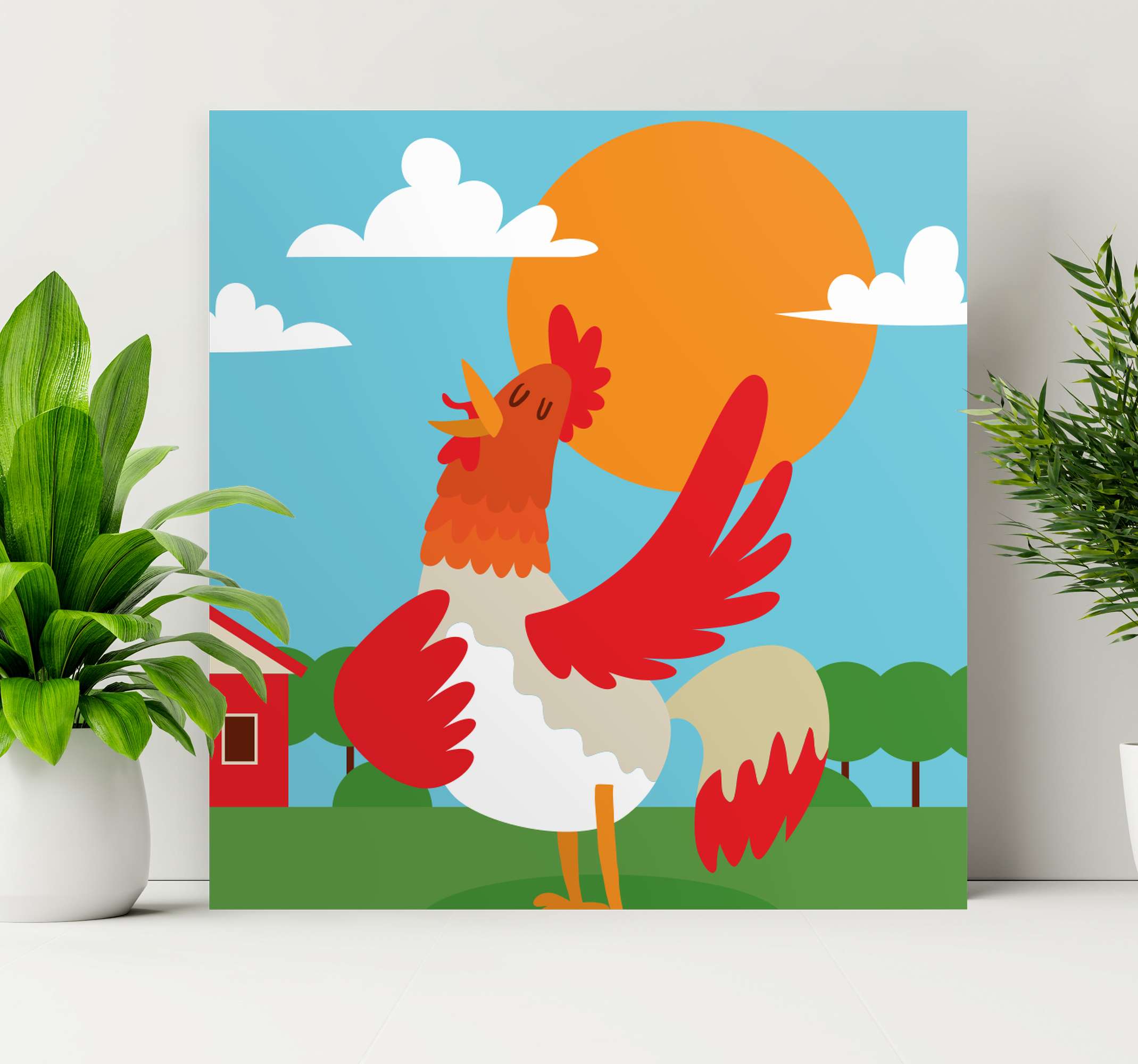 Rooster in cartoon morning bird canvas wall art