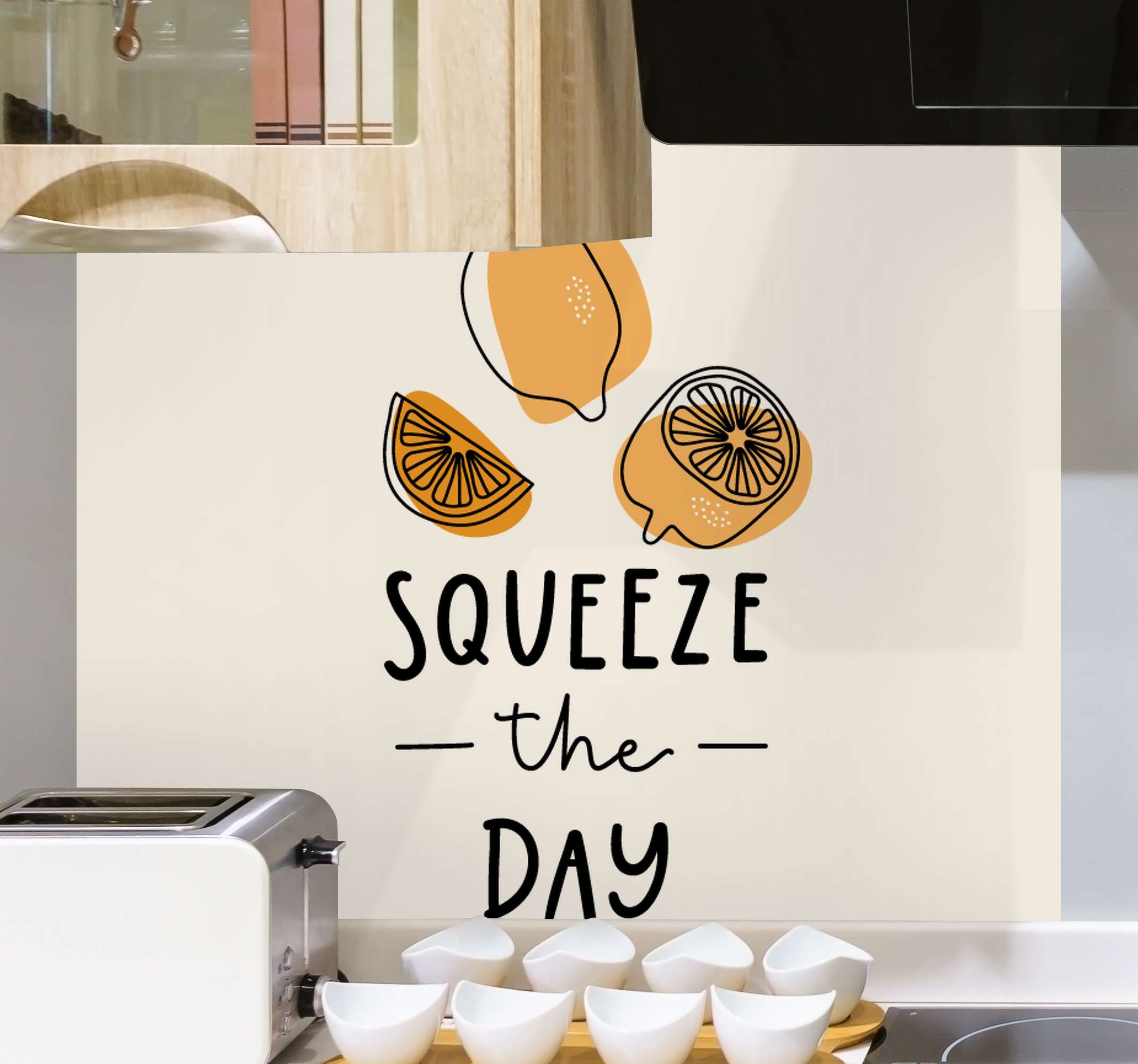 Quadro com letras Citação engraçada com limão e laranja TenStickers. Quadro com letras Citação engraçada com limão e laranja. Citação engraçada com parede de lona de limão e laranja - a citação diz '' squeezy the day ''. é ideal para um espaço de cozinha e também pode ser colocado em qualquer lugar.
