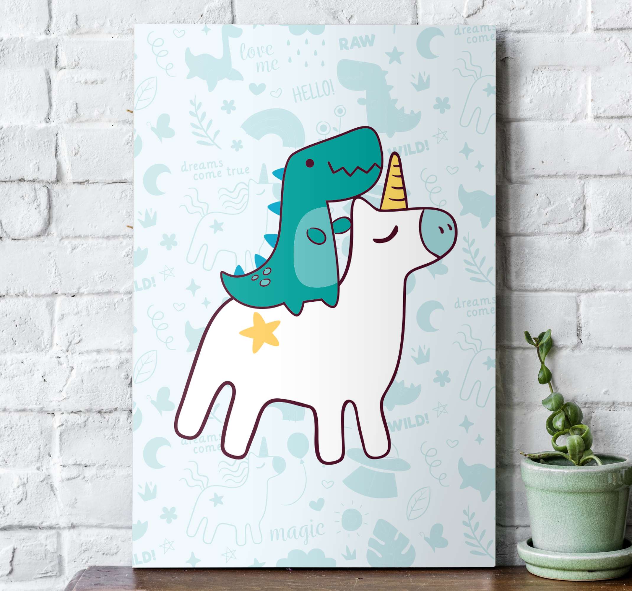 Unicorn dinosaur cartoon design modern art prints on canvas - TenStickers