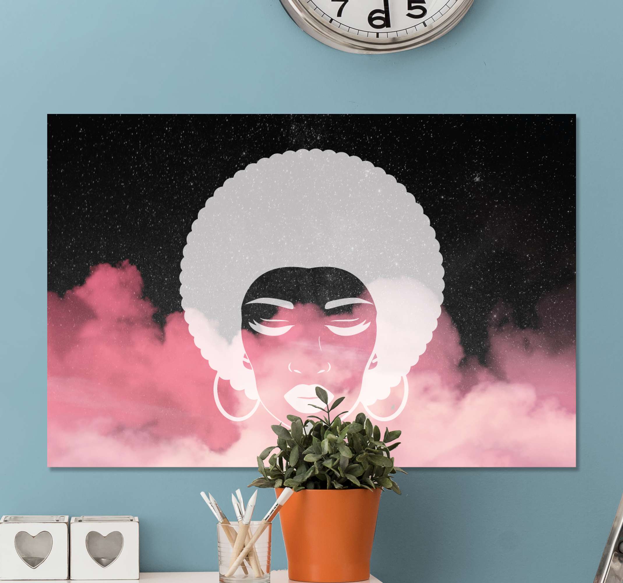 Quadro em 3D Mulher afro com fundo estrelado TenStickers. Quadro em 3D Mulher afro com fundo estrelado. Mulher afro com fundo estrelado impressões em tela 3d. Silhueta da arte moderna com uma estética incrível. Obtenha remessa imediata.