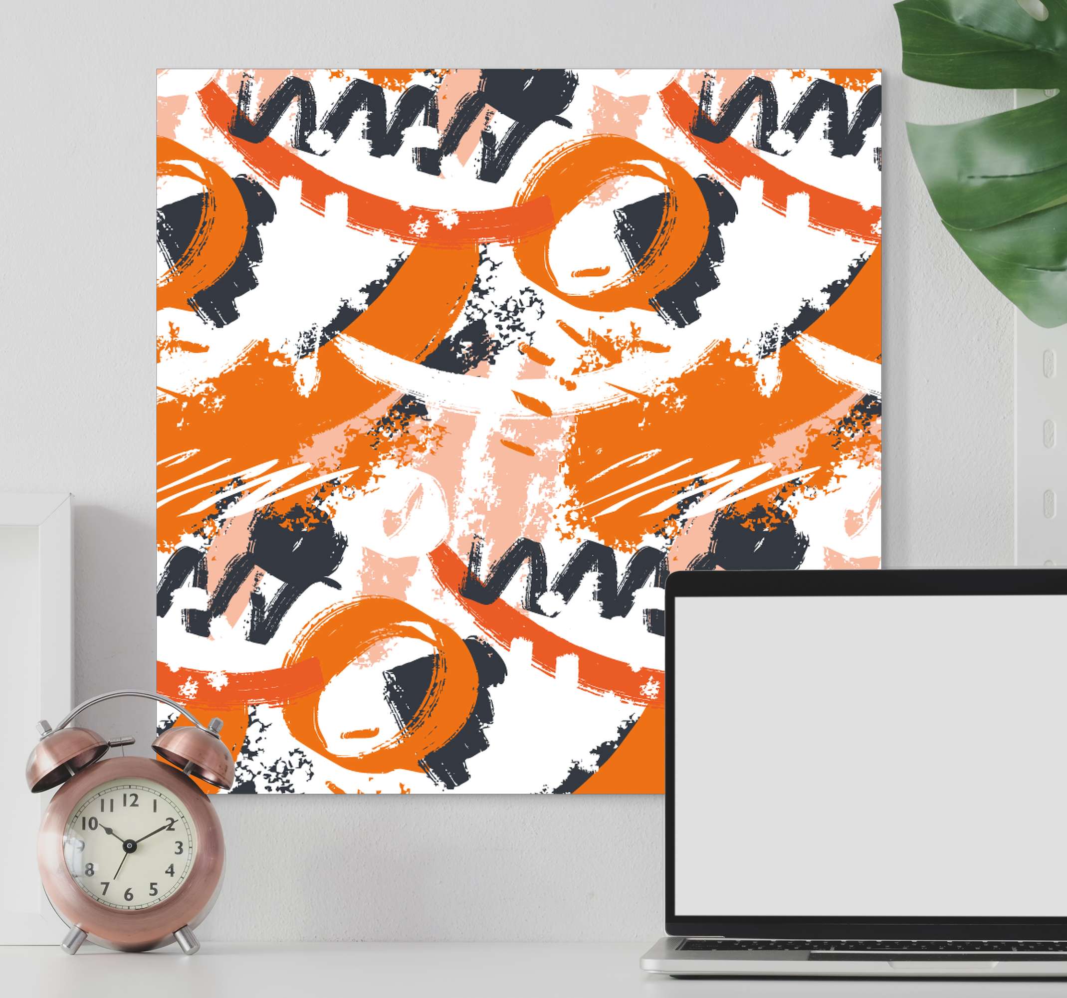 TenStickers. Quadro Decorativo abstrato Pinceladas abstratas de aquarela laran. Tela de traço aquarela laranja abstrato. Padrão laranja, cinza e preto de formas geométricas. Obtenha remessa imediata.