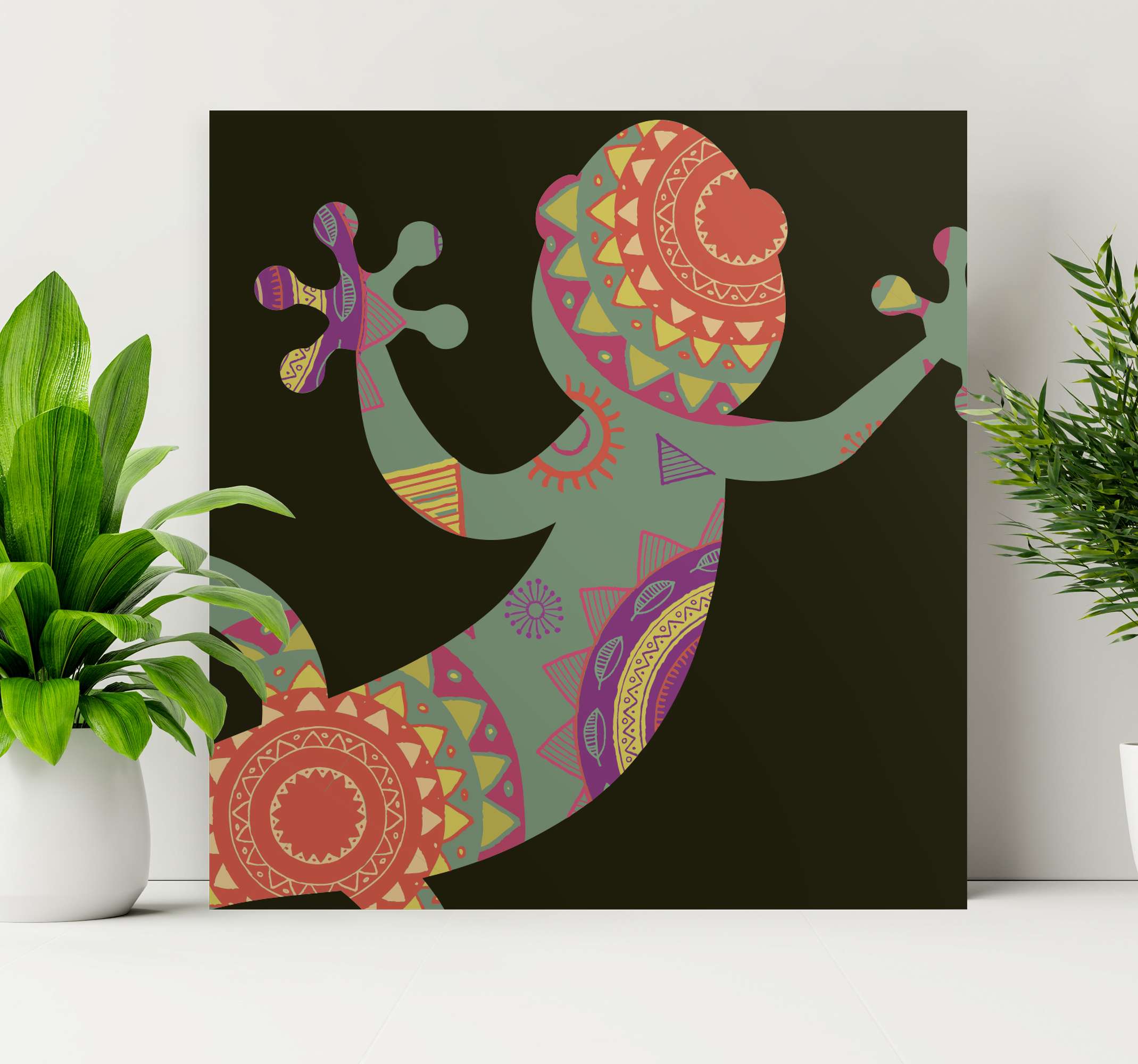 Gecko with floral mandala mandala framed canvas - TenStickers