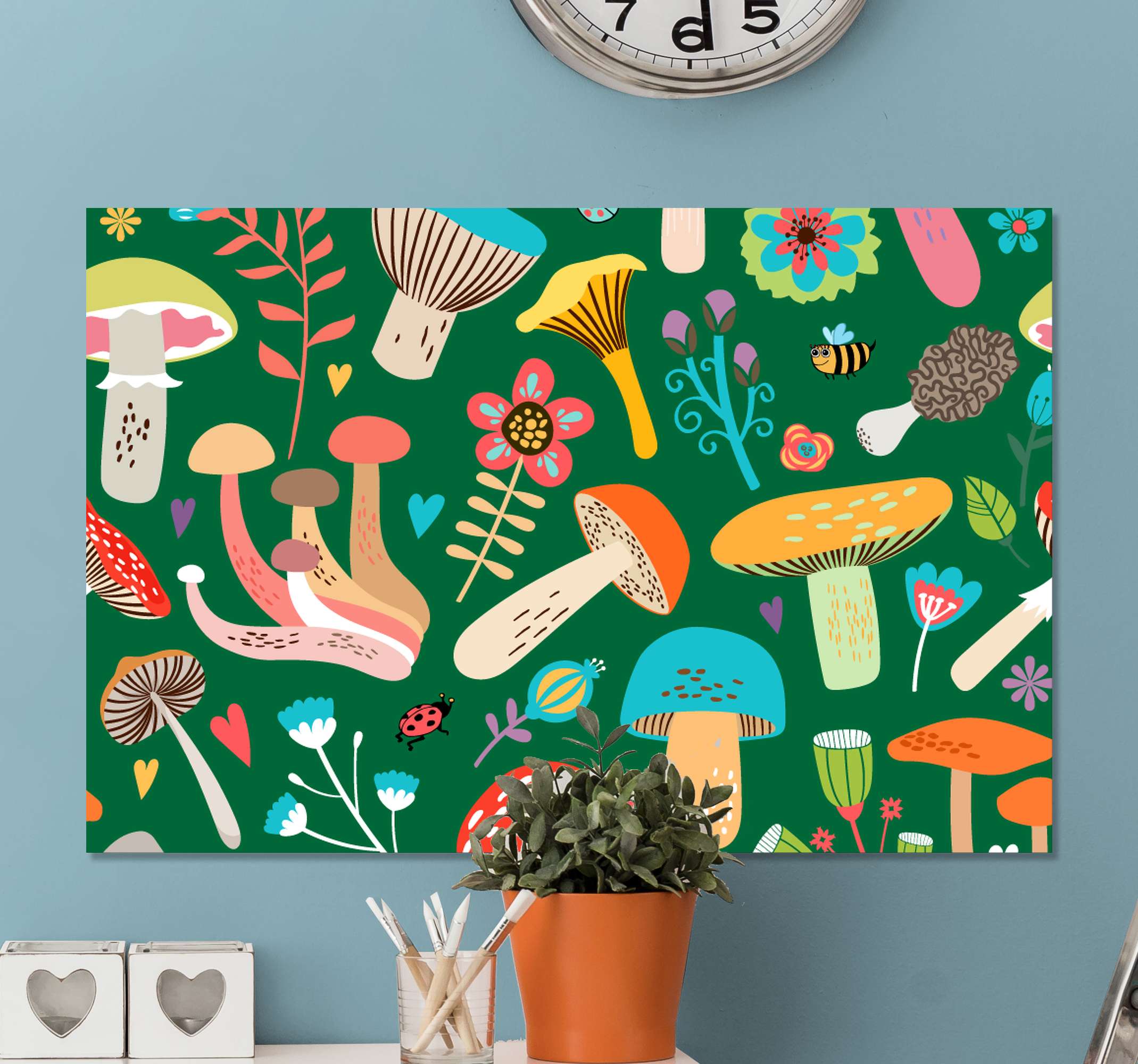 Colorful mushrooms with green background Plant wall prints - TenStickers