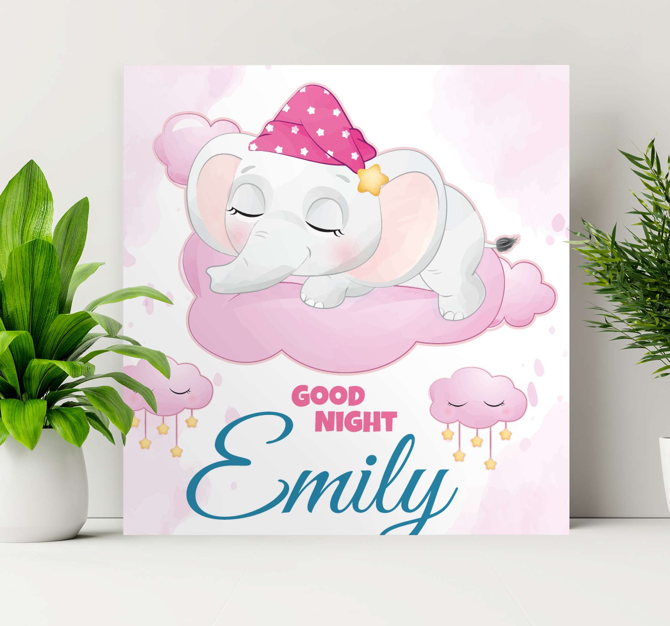 Cuadros y láminas infantiles con nombre - Elefante con globos color teja