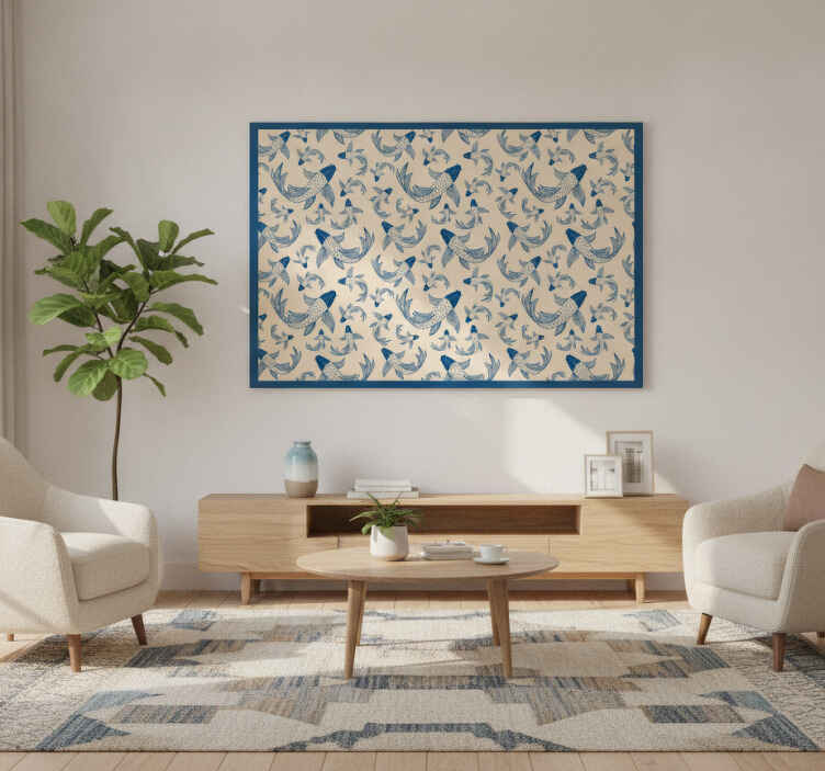 Tableau poissons bleus nageant sur fond beige - TenStickers