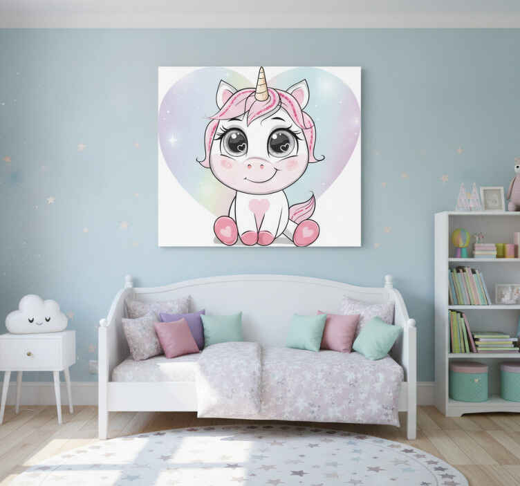 Tableau licorne cœurs d'amour en cartoon mignon - TenStickers