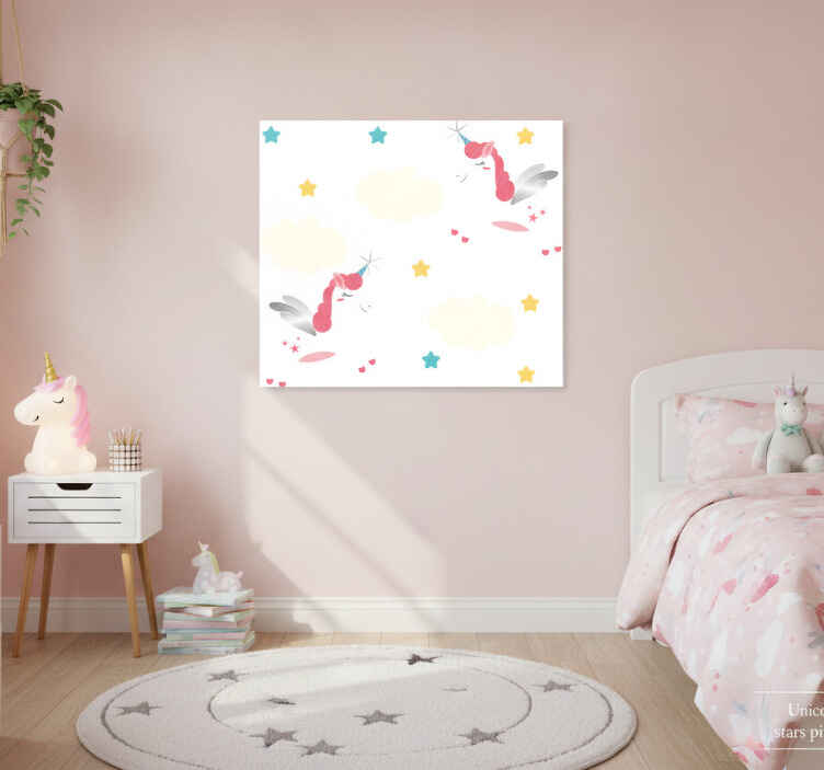 Tableau licorne nuages étoiles roses autocollant - TenStickers