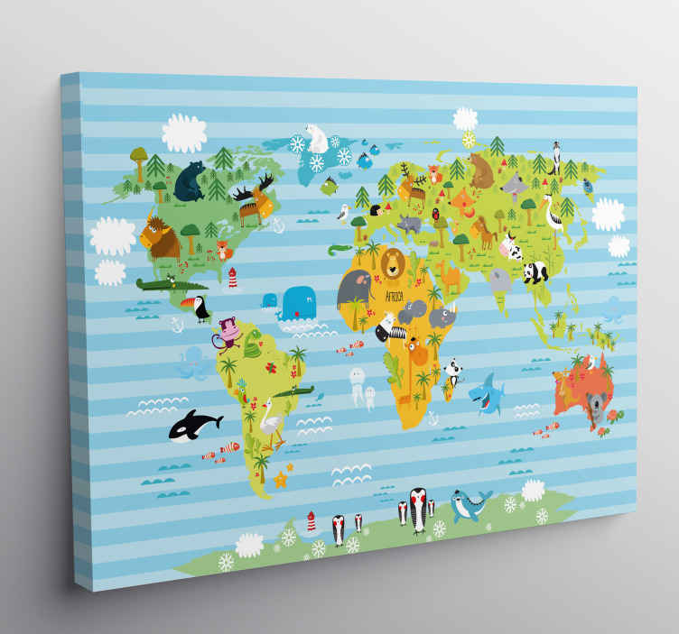 Tenstickers Wereldkaart canvas schilderij Dieren