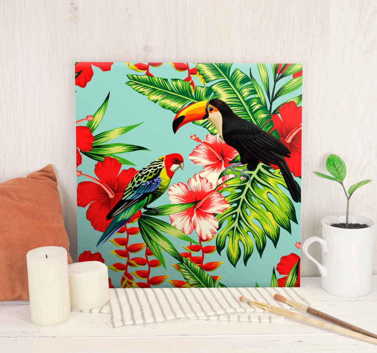 Cuadro de pájaros Flores rojas tropicales - TenVinilo