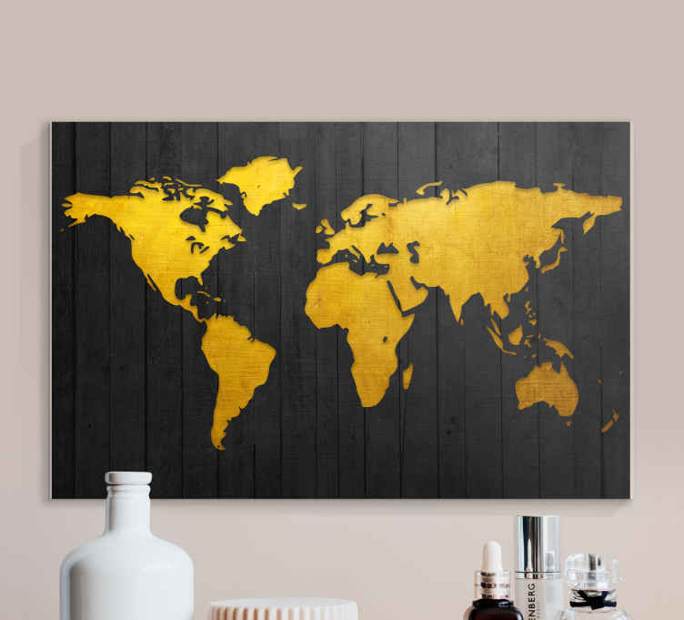 Tenstickers Wereldkaart canvas schilderij Donker goud