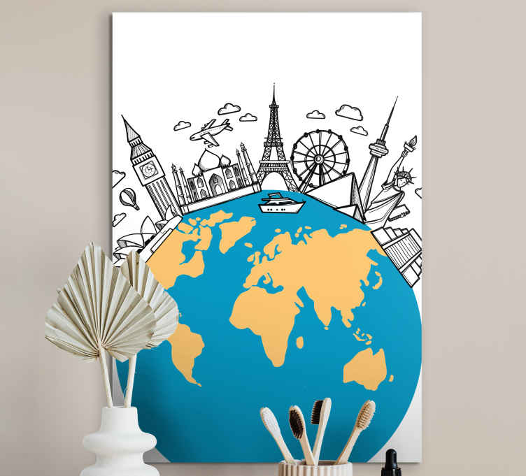 Tenstickers Wereldkaart canvas schilderij Oriëntatiepunt pictogrammen