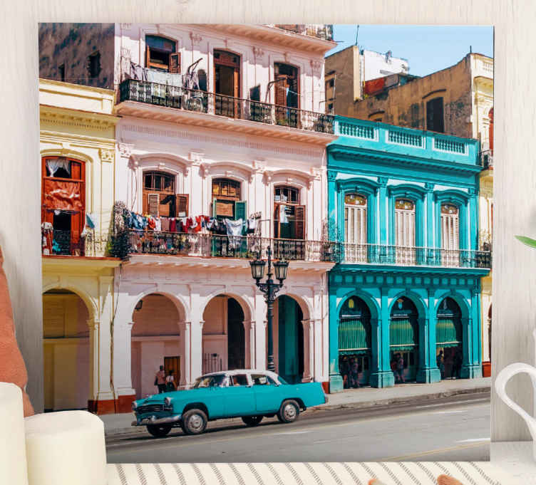Blue and pink street and car canvas pictures - TenStickers