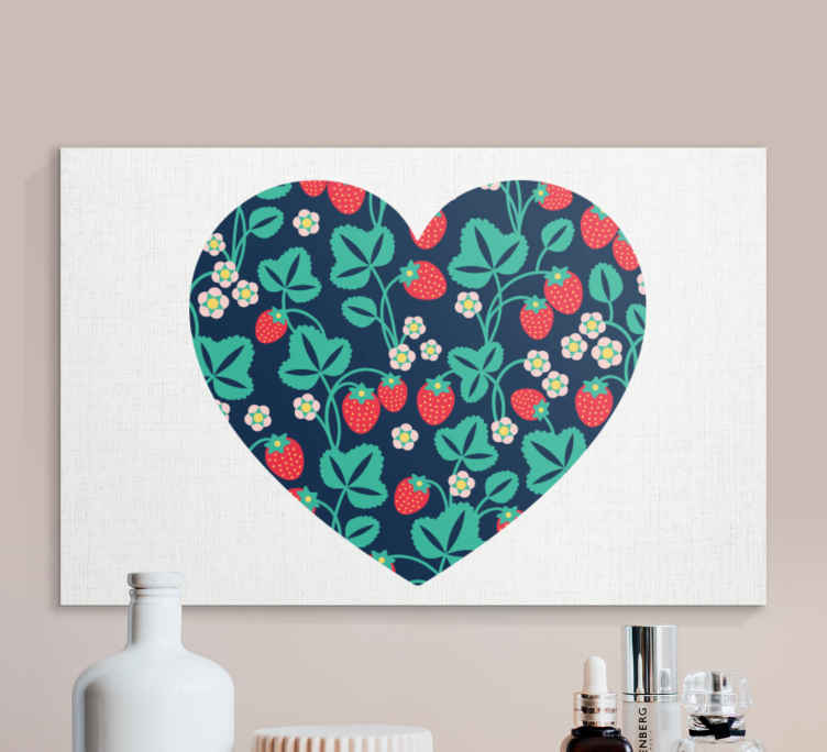 Cuadro de flores con patrón de fresas en forma de corazón - TenVinilo