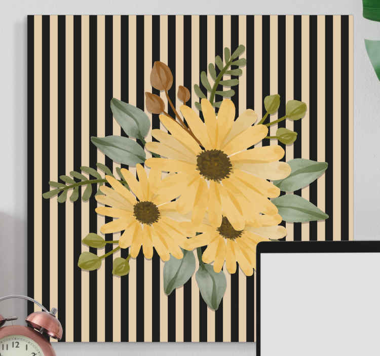 Cuadro de flores Girasoles de otoño en rayas blancas y negras - TenVinilo