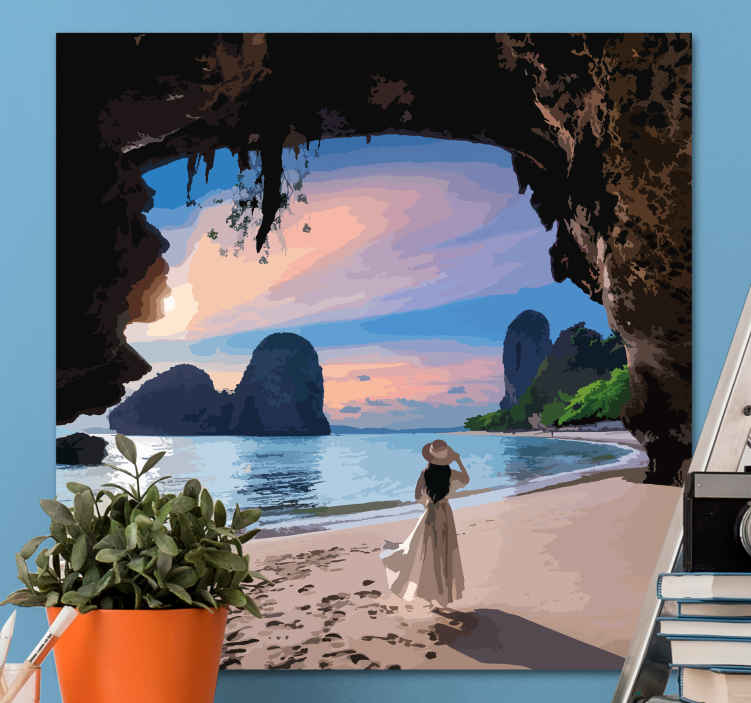 Cuadro paisajes Cueva de roca en la playa con el mar - TenVinilo