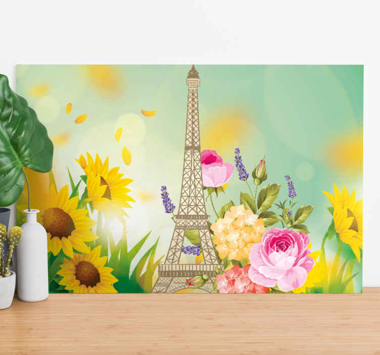 Cuadro ciudades Torre eiffel con flores y el sol - TenVinilo