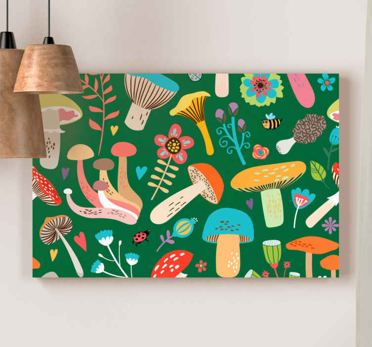 Quadro de plantas Cogumelos coloridos com fundo verde - TenStickers