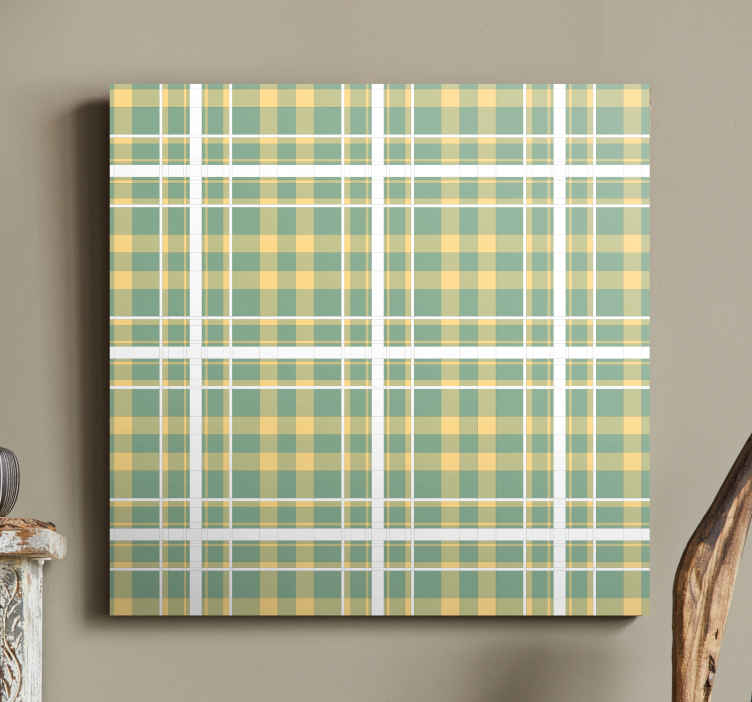 Keltainen, vihreä ja valkoinen gingham -kuvio olohuone canvas - Tenstickers