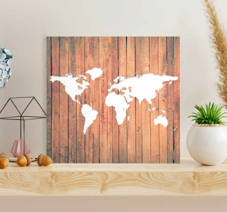 Puu lankku valkoisella maailmankartta canvas - Tenstickers
