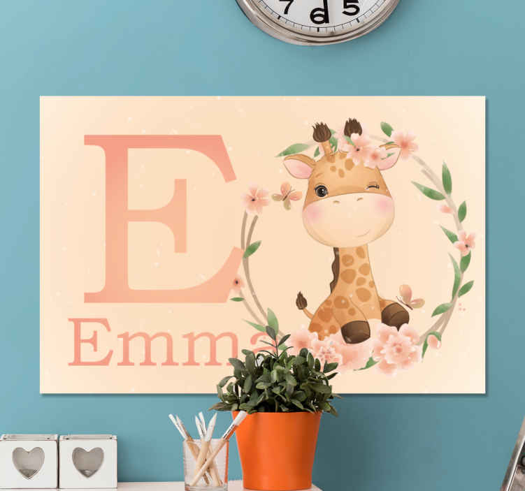 Cute giraffe for girl name personalised canvas TenStickers