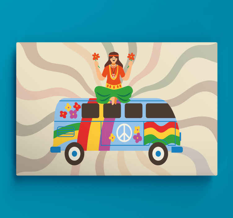 Cuadro vintage Chica hippie colorfu con un autobús - TenVinilo