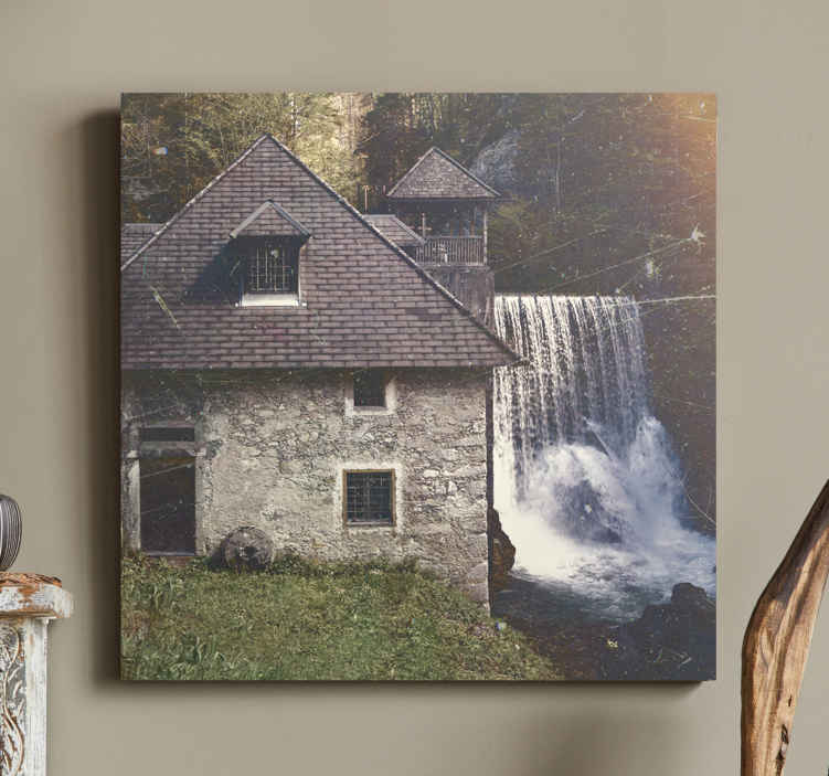 Cuadro paisajes Casa rural con cascada - TenVinilo