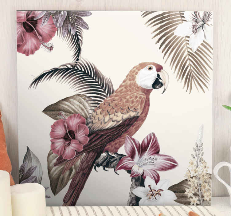Värikäs papukaija vaaleanpunaisilla kukilla vintage canvas - Tenstickers