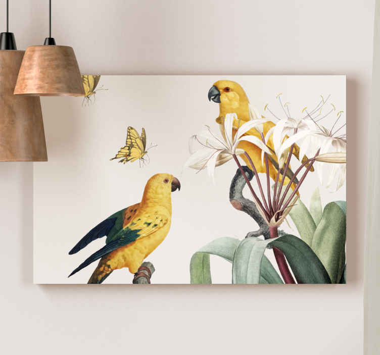 Cuadro vintage Loros con flores amarillas y mariposas - TenVinilo