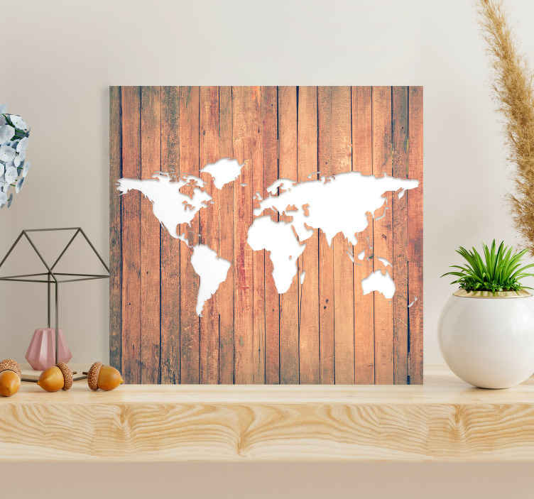 Tenstickers Witte wereldkaart op hout canvas schilderij