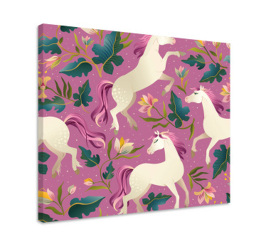 Paarden schilderij op canvas roze en bloemdessin paard - TenStickers