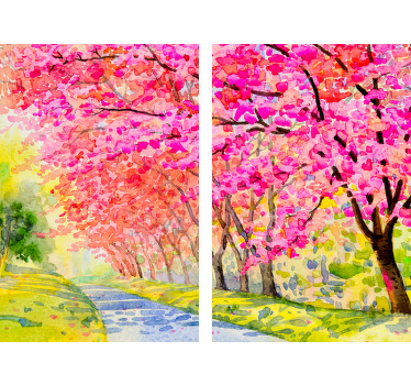Landscape canvas print which  features an image of a path through a park surrounded by stunning cherry blossom trees. +10,000 satisfied customers.