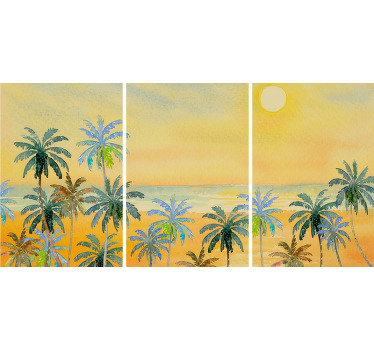 Beautiful scenery landscape canvas wall art. The canvas design is an illustration of a beautiful sea view with beach palms trees and sunset.