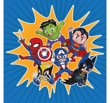 Canvas print with superheroes. It presents different superheroes on a blue retro background. Easy to hang and clean. Made of high quality material.