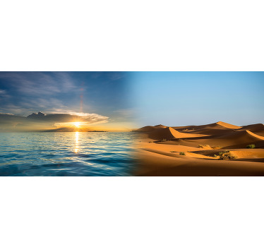 Uma impressão dupla de arte em tela moderna com diferentes designs de paisagem, uma representando uma duna de areia do deserto e a outra um mar com o pôr do sol.
