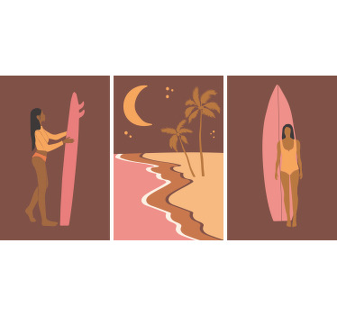 Parede do quarto minimalista do estilo da praia da menina. Fundo marrom. Projeto de praia com surfista. Decore suas paredes. Envio imediato!