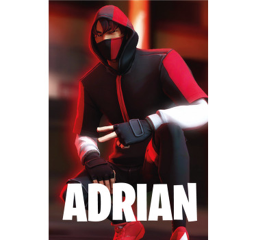 Personagem com estampas de parede do quarto de máscara. Obtenha este produtoque tem um personagem vestido de vermelho com um nome feito sob encomenda. Obtenha remessa imediata!