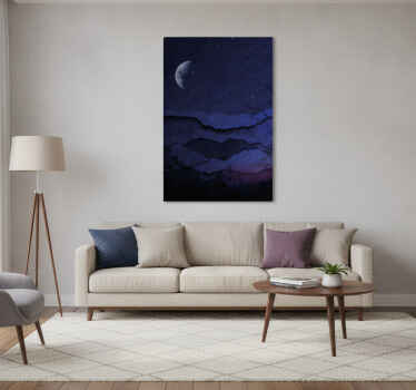 Cuadro azul paisaje nocturno original con luna - TenVinilo