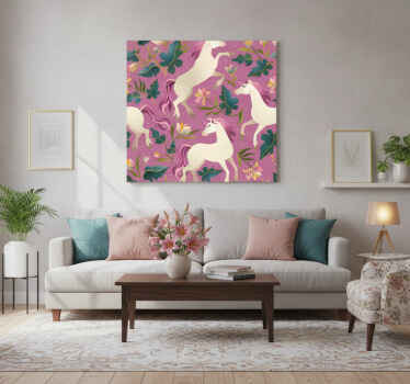 Paarden schilderij op canvas roze en bloemdessin paard - TenStickers