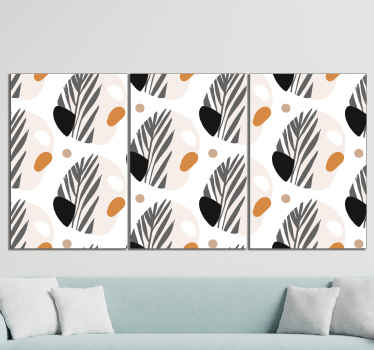 Nordic canvas print which features a pattern of abstract shapes coloured in black, orange, brown, grey and white. Discounts available.