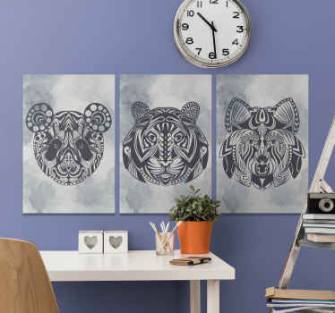 Mandala canvas print which features 3 different canvas prints all with unique animal faces in a mandala pattern. Sign up for 10% off.