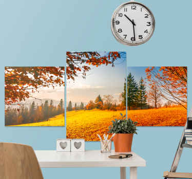 A beautiful landscape canvas print illustrating autumn. The composition of the autumn landscape is printed on three canvases for detailed expression.